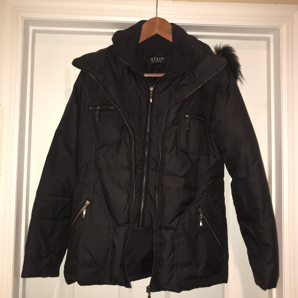 A black winter parka with a fur hood